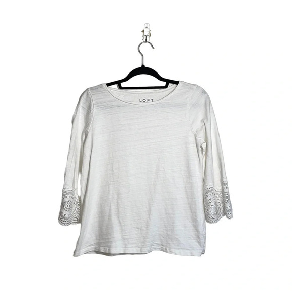 LOFT 100% Cotton White Crochet Sleeve Semi-sheer Top Large Petite Women’s - Picture 1 of 10